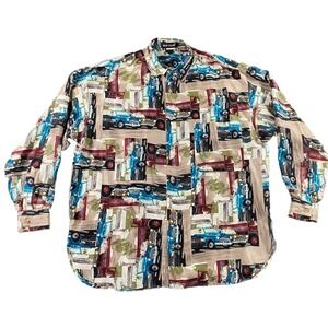 Vtg Silk Club Button Shirt Antique Cars Trucks All Over Print Large Retro Silk
